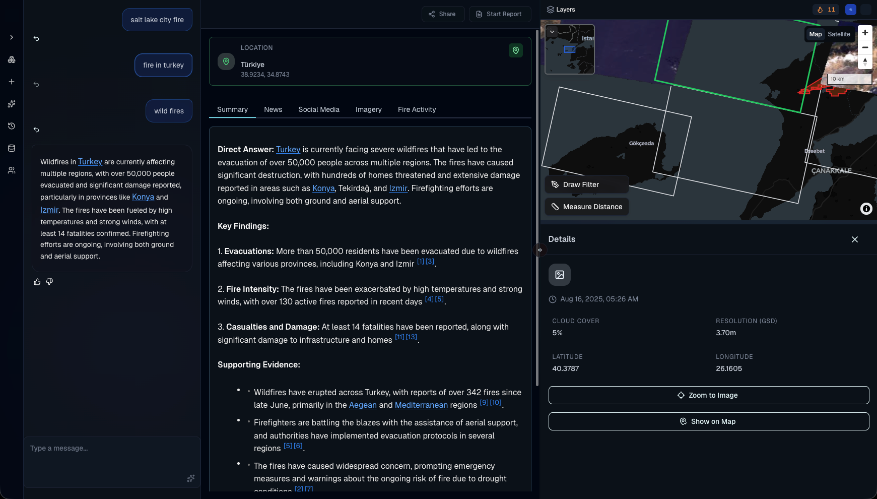 Day one. The product as it was: a three-pane workspace with a query column, a summary answer carrying inline citations, and a details panel listing raw fields for cloud cover, resolution, latitude and longitude, presented without interpretation.